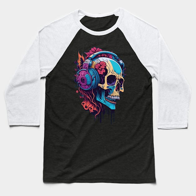 Skull with headphones Baseball T-Shirt by lkn